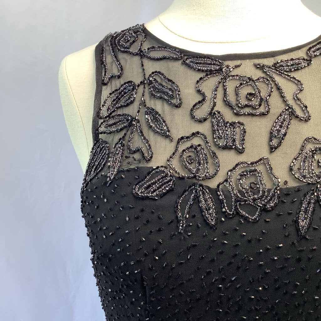 1990s Sleeveless Beaded Evening Dress w/ Embroidered & Sheer Bodice