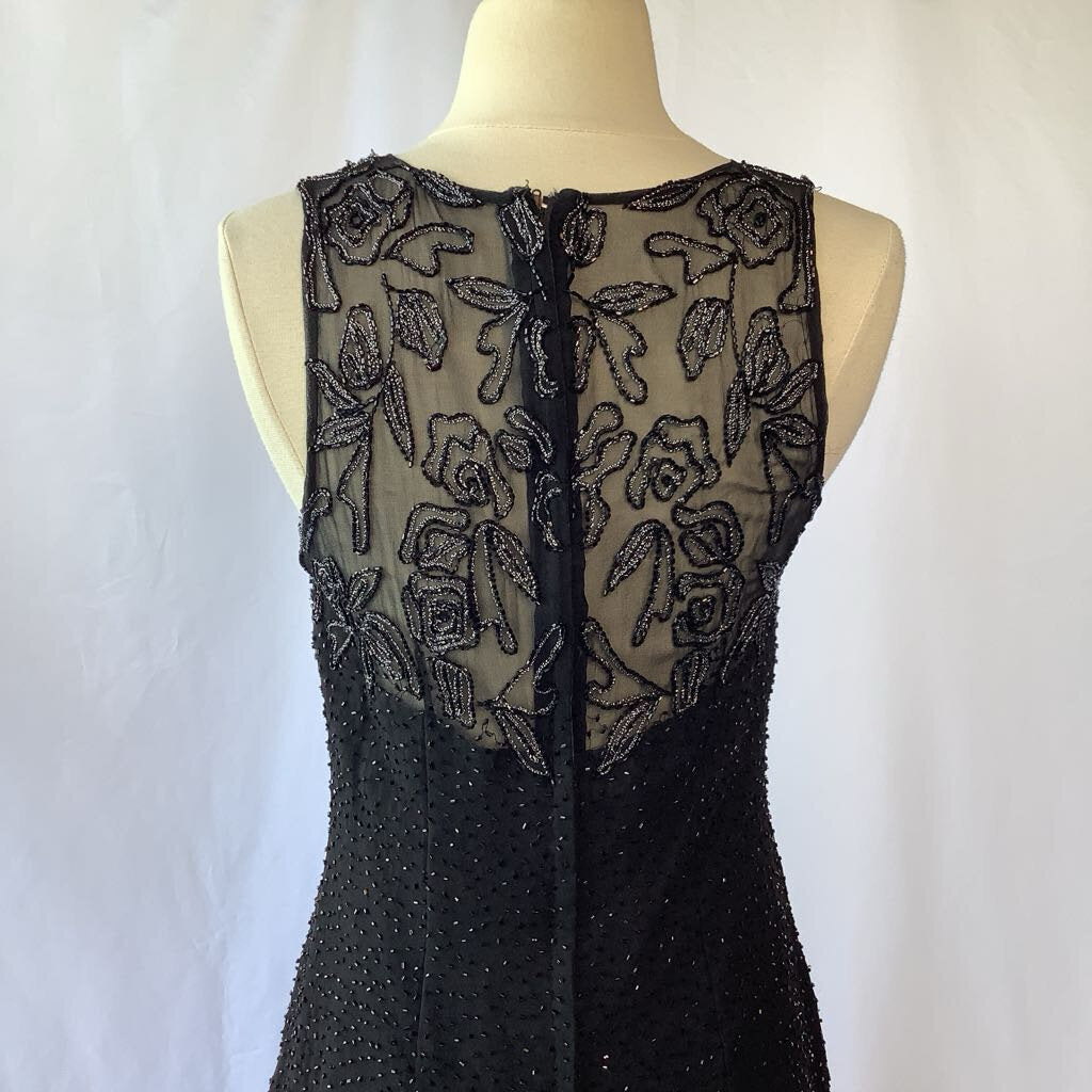 1990s Sleeveless Beaded Evening Dress w/ Embroidered & Sheer Bodice