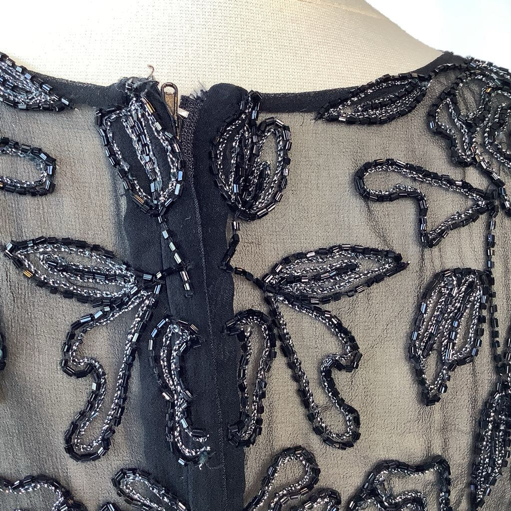 1990s Sleeveless Beaded Evening Dress w/ Embroidered & Sheer Bodice