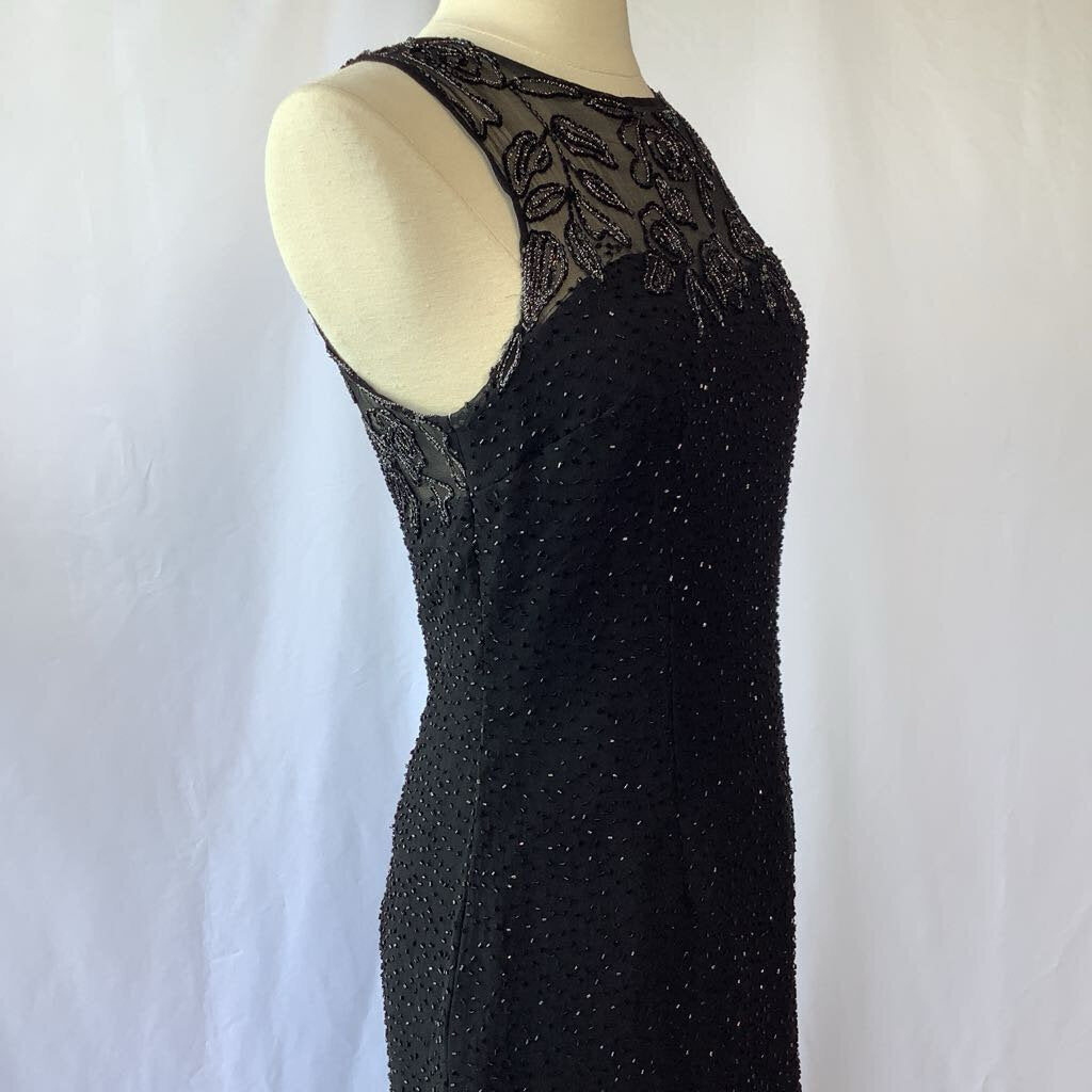 1990s Sleeveless Beaded Evening Dress w/ Embroidered & Sheer Bodice