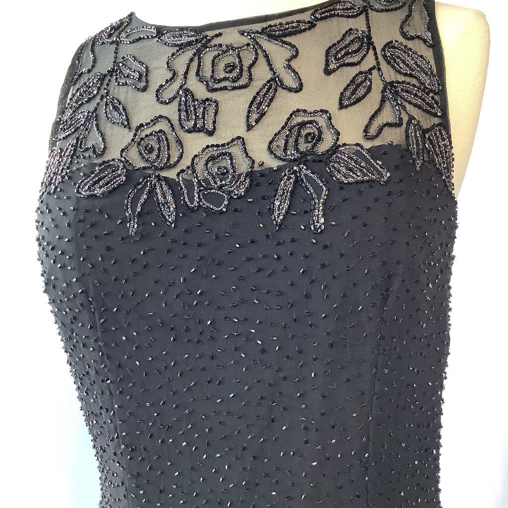 1990s Sleeveless Beaded Evening Dress w/ Embroidered & Sheer Bodice