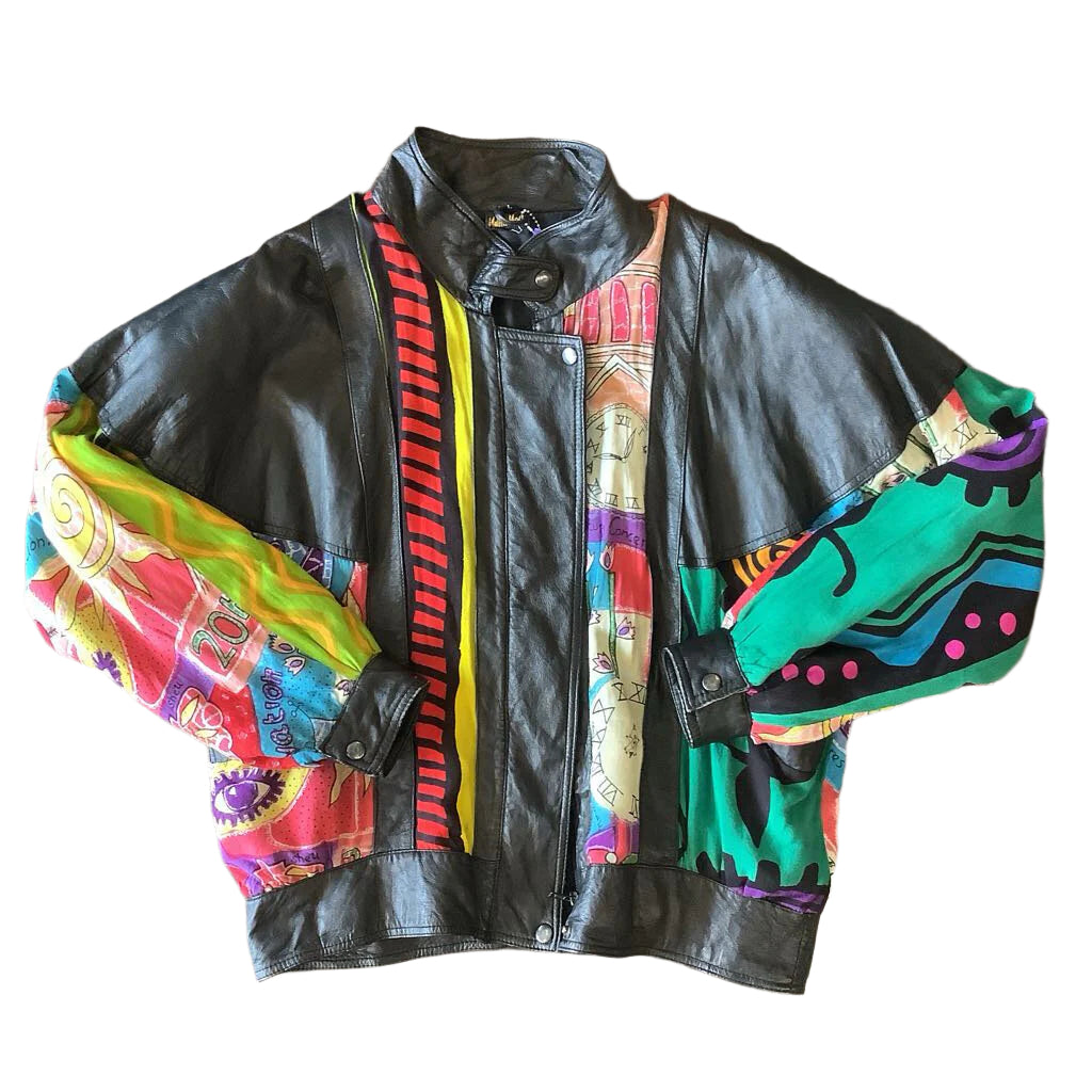 1980s Kona Mode Leather Bomber Jacket with Clothe Pattern