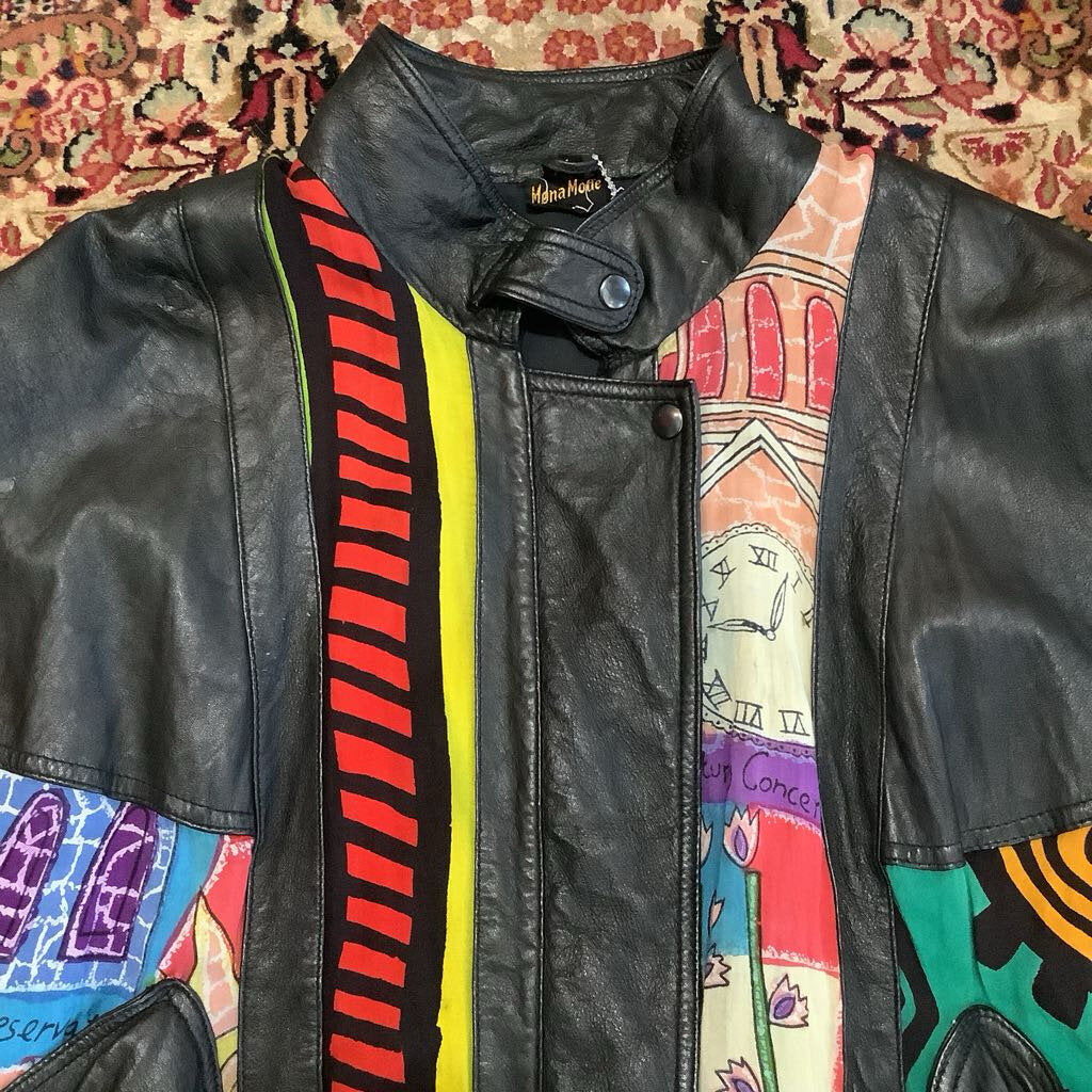 1980s Kona Mode Leather Bomber Jacket with Clothe Pattern