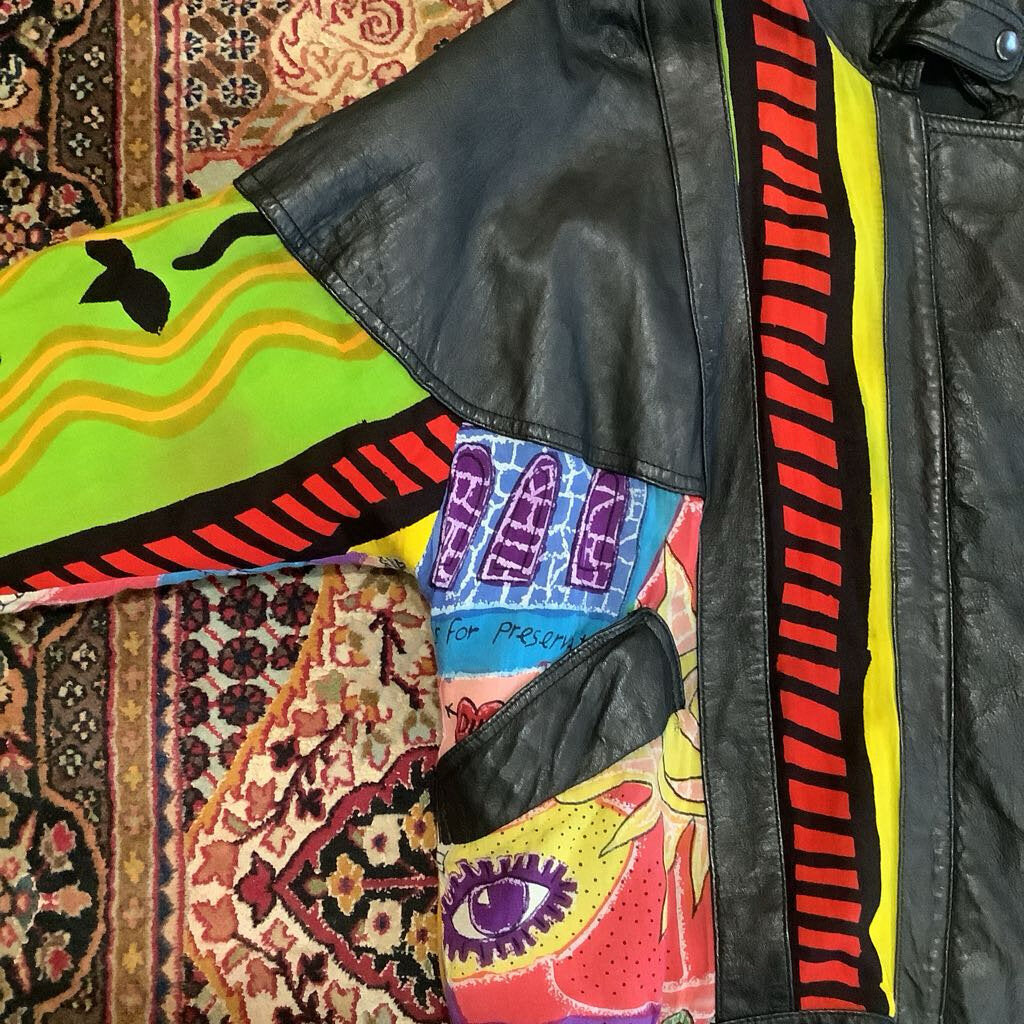 1980s Kona Mode Leather Bomber Jacket with Clothe Pattern