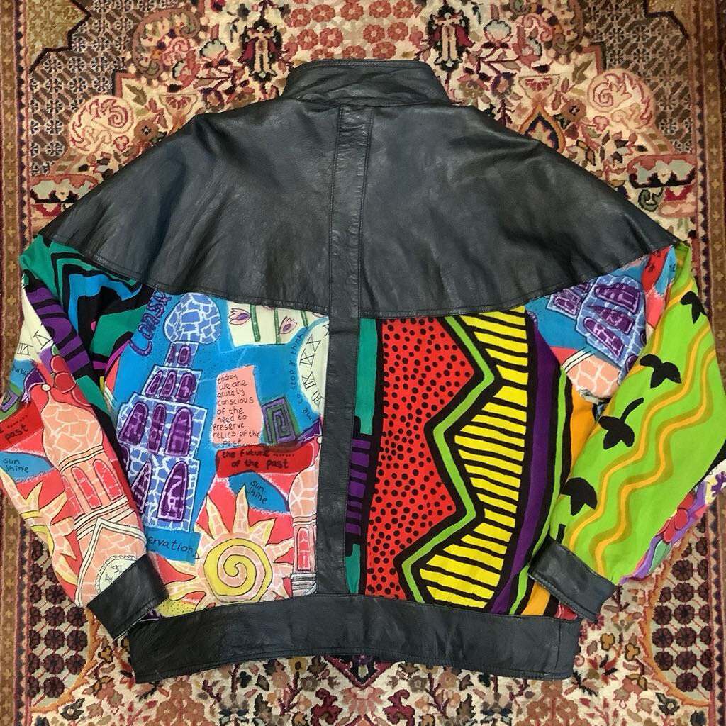 1980s Kona Mode Leather Bomber Jacket with Clothe Pattern