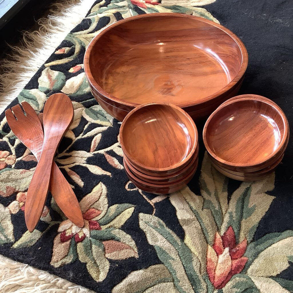 MCM RARE Handturned Wood Salad Set - 9pcs AS IS