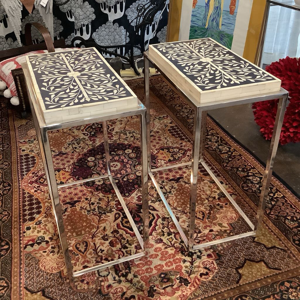 Moroccan Bone Inlay End Tables w/ Chrome Legs