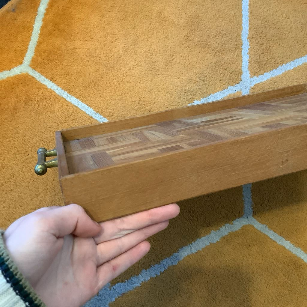 Vintage Wood Inlay Serving Tray with Brass Handles