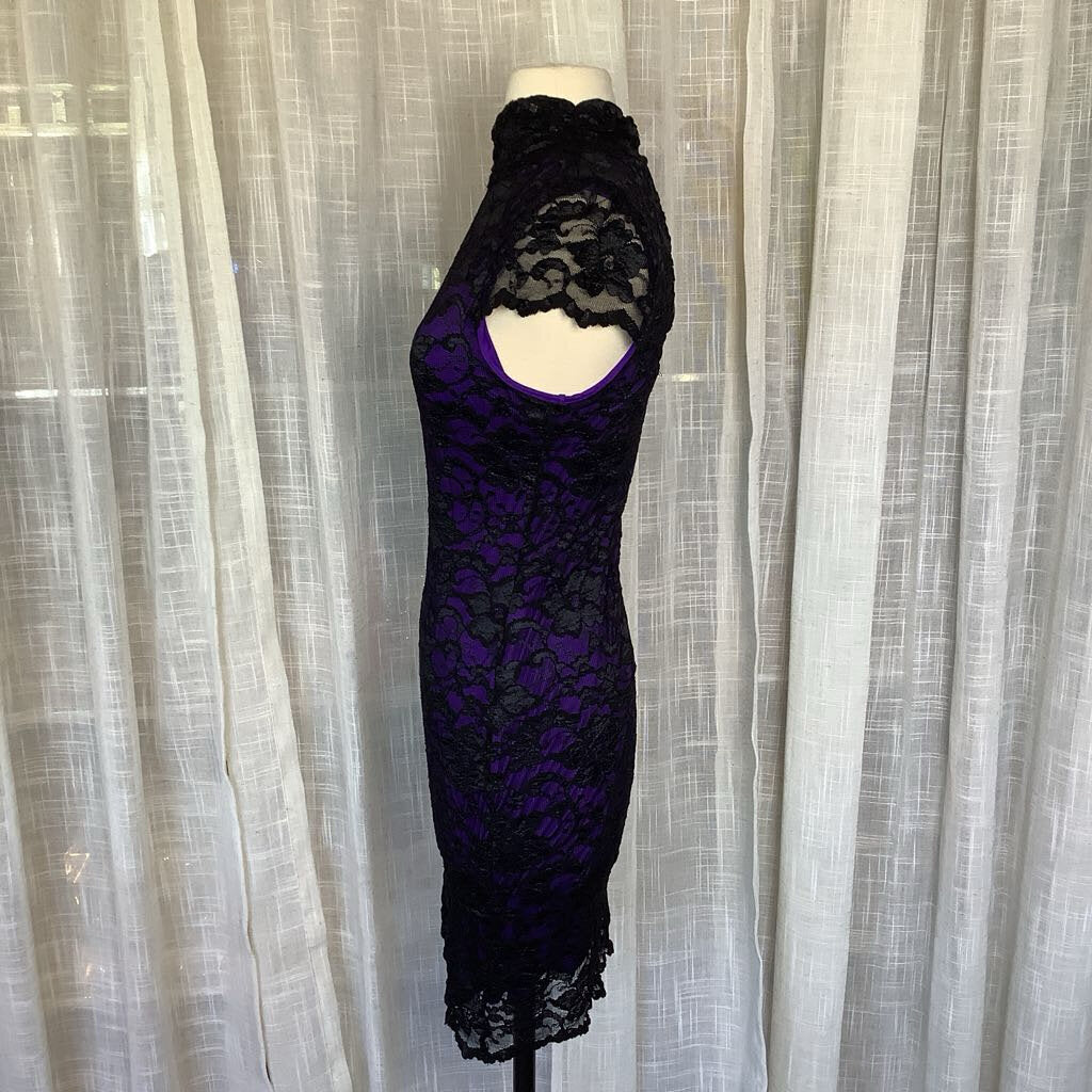 Black & Purple Lace Stretchy Evening Dress