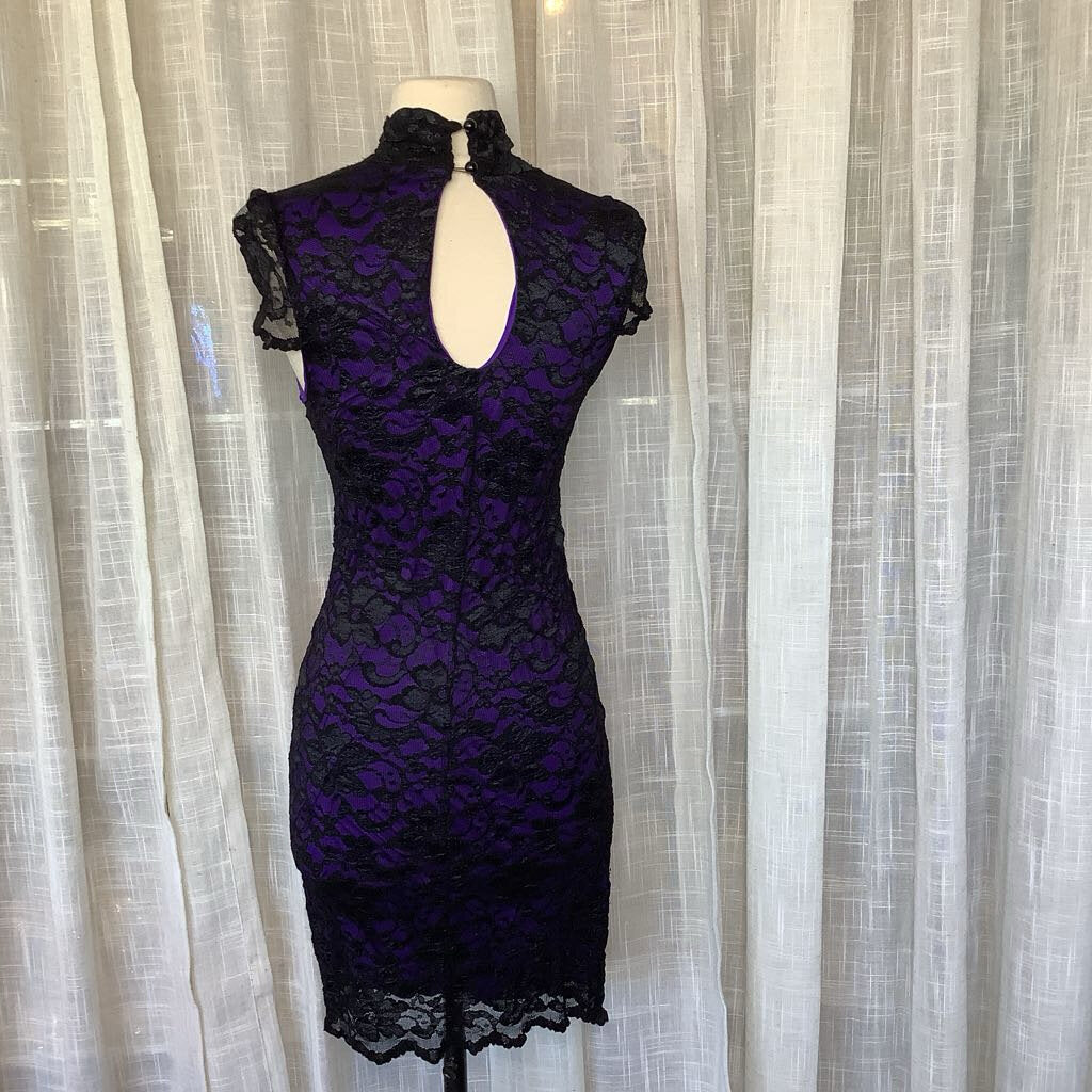 Black & Purple Lace Stretchy Evening Dress