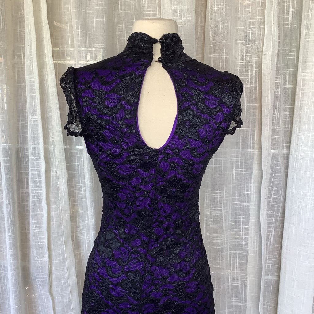 Black & Purple Lace Stretchy Evening Dress