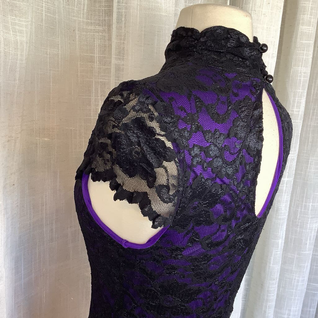 Black & Purple Lace Stretchy Evening Dress