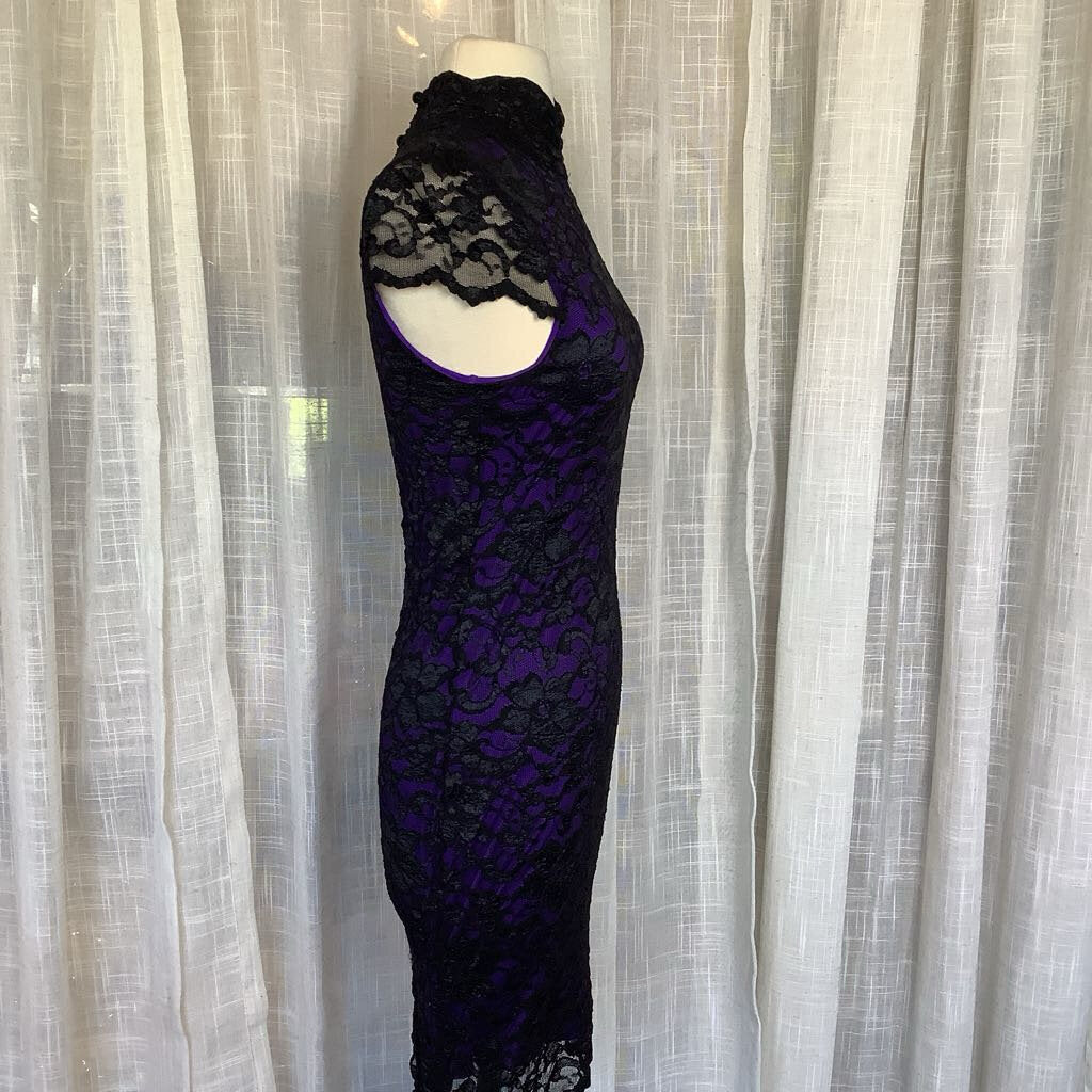 Black & Purple Lace Stretchy Evening Dress