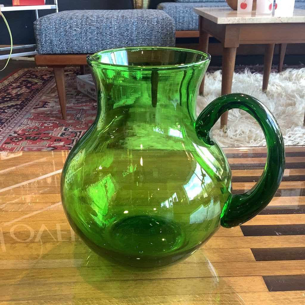 Vtg Hand Blown Green Glass Pitcher