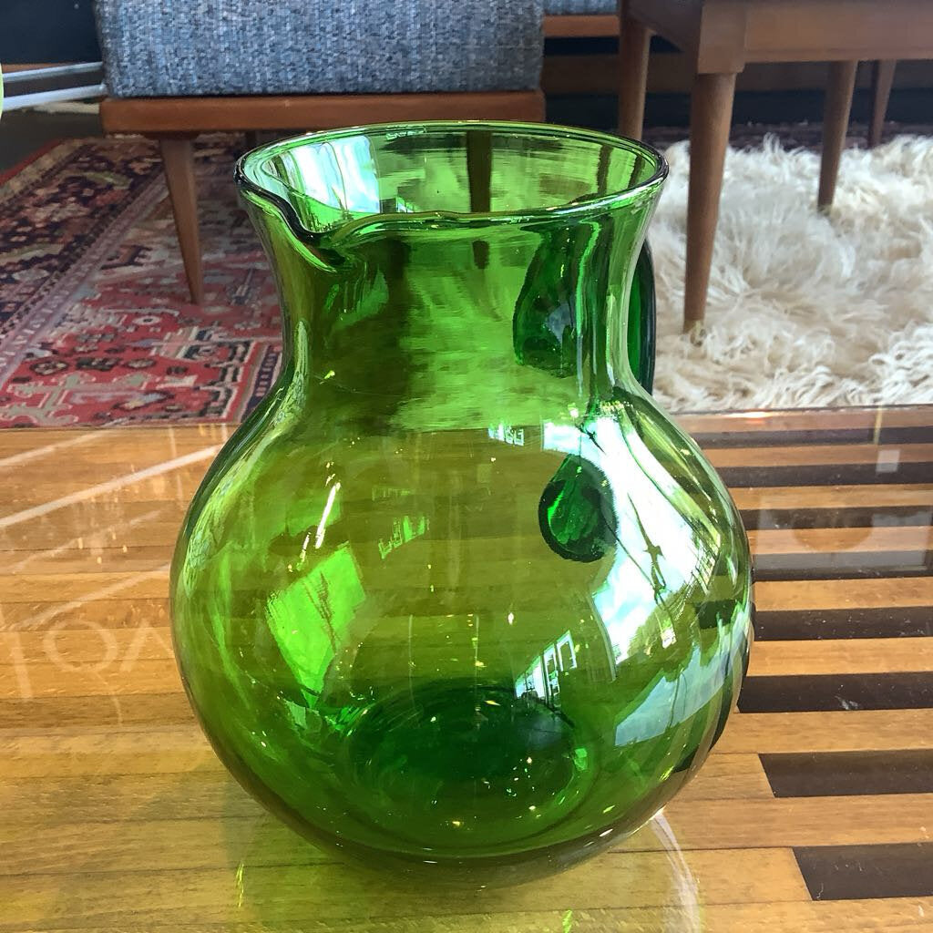 Vtg Hand Blown Green Glass Pitcher