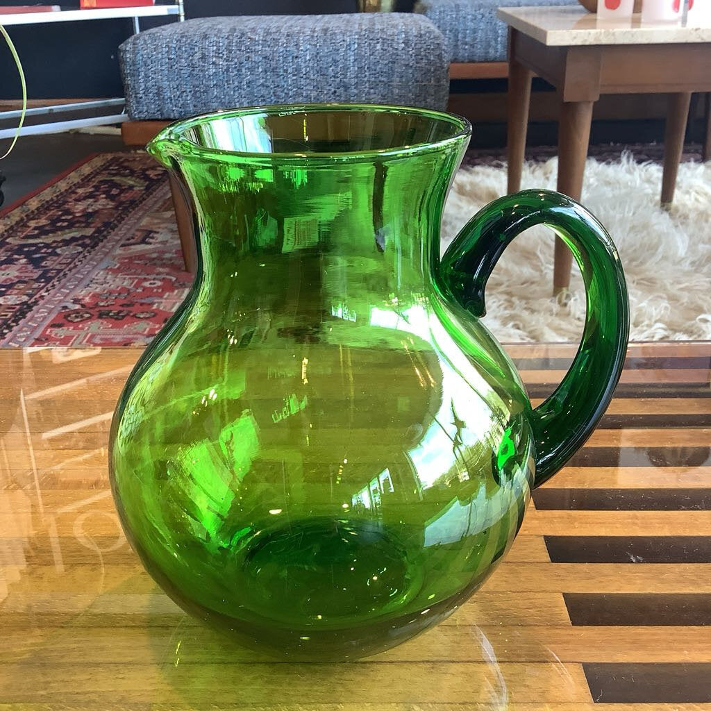 Vtg Hand Blown Green Glass Pitcher