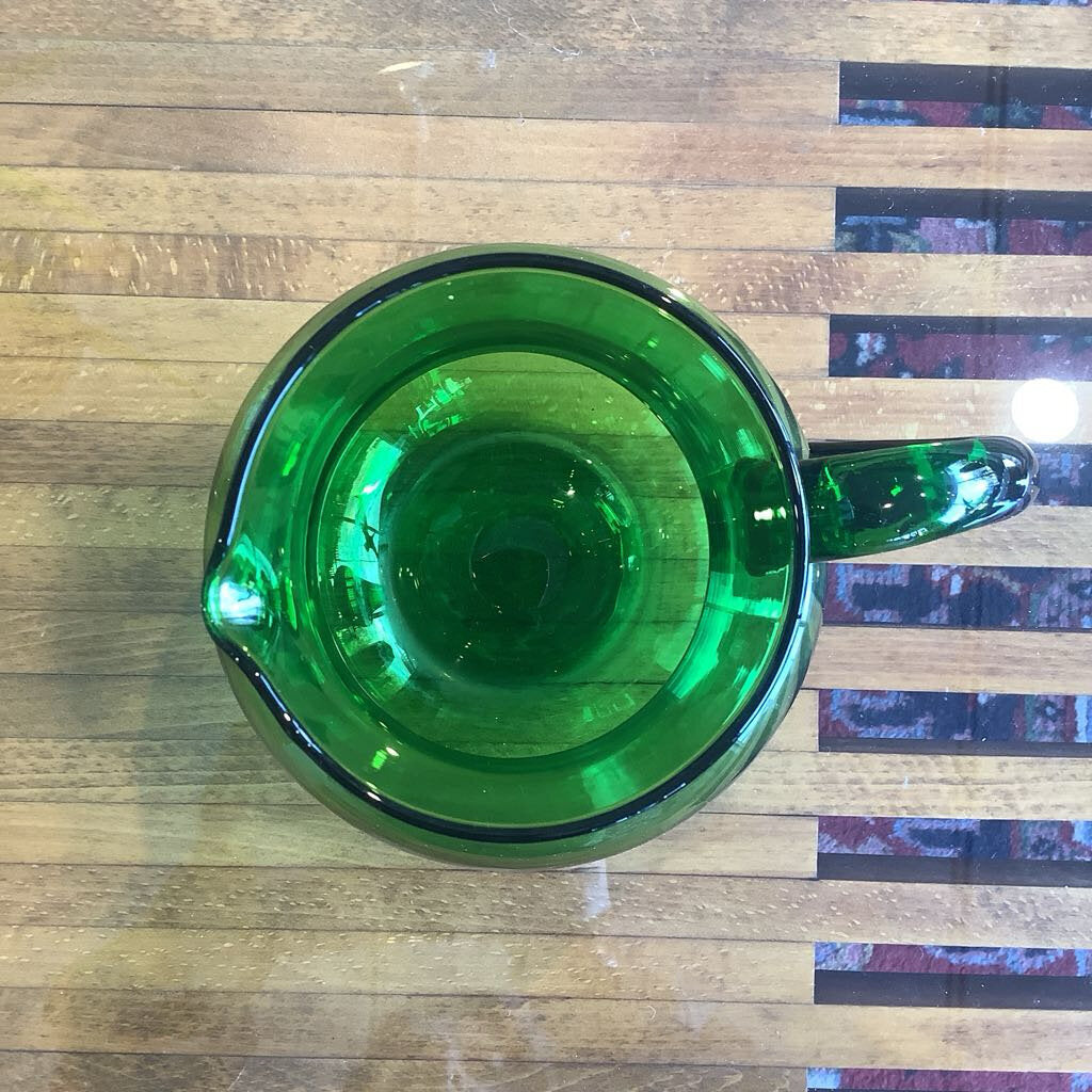 Vtg Hand Blown Green Glass Pitcher