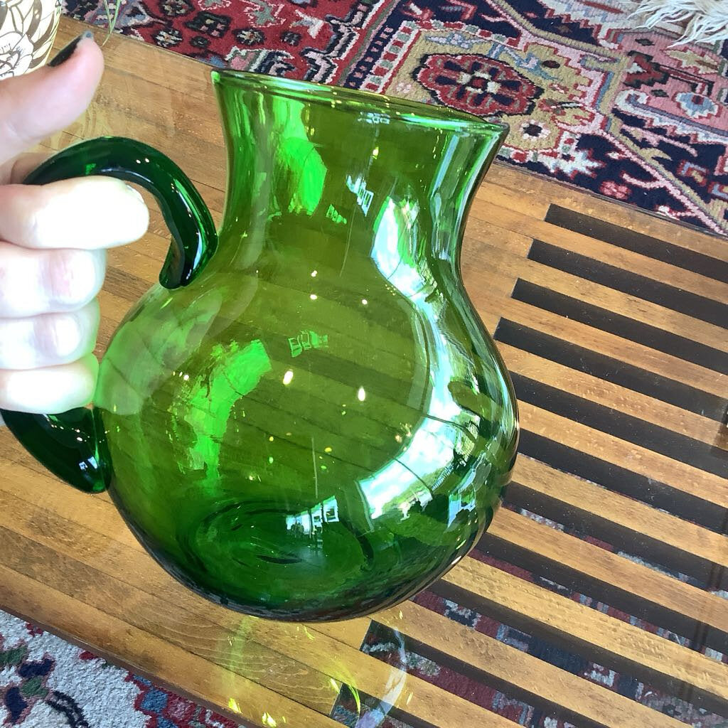 Vtg Hand Blown Green Glass Pitcher