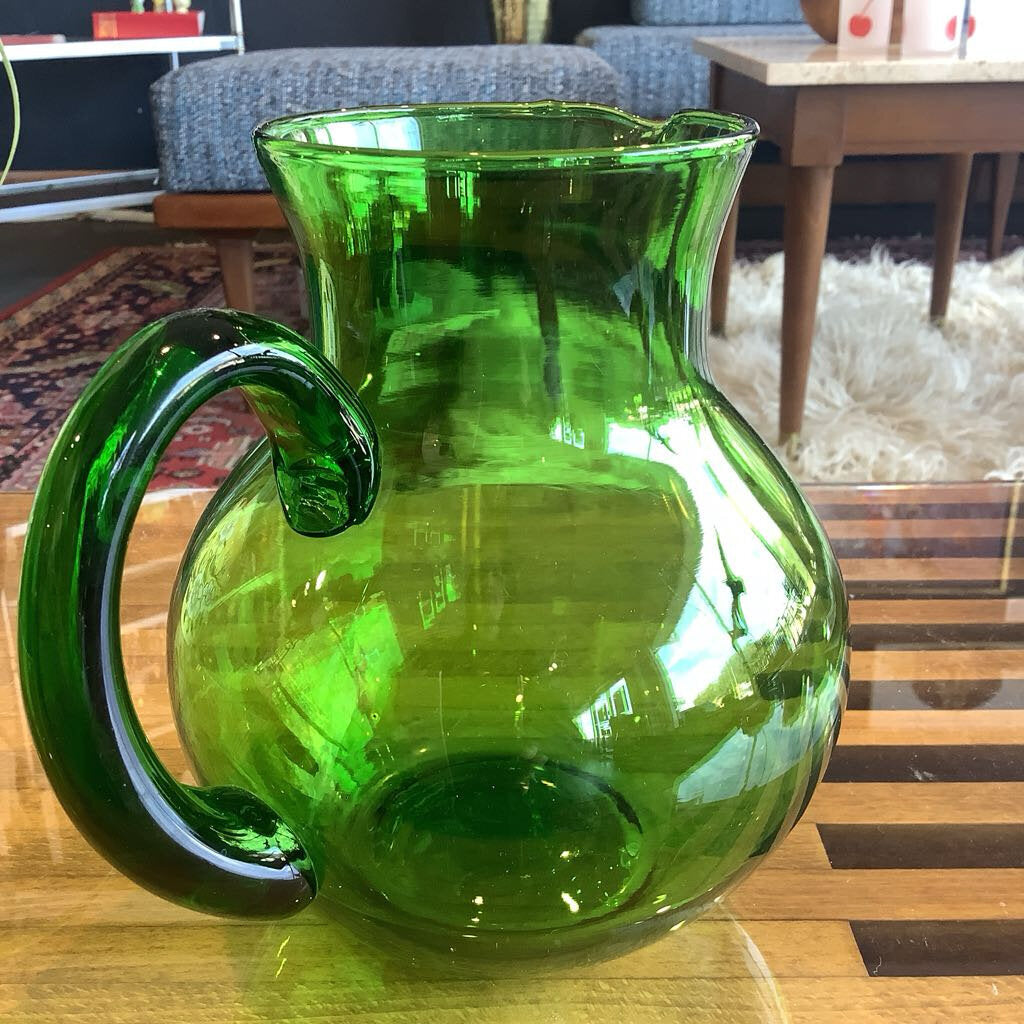 Vtg Hand Blown Green Glass Pitcher