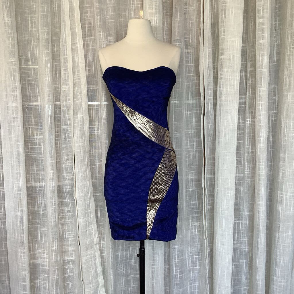 90s Style Navy Blue Gold Sequin Strapless Cocktail Dressess