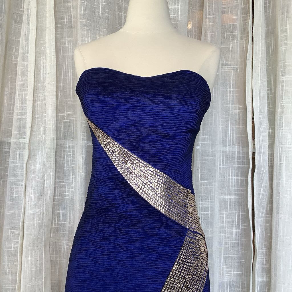 90s Style Navy Blue Gold Sequin Strapless Cocktail Dressess