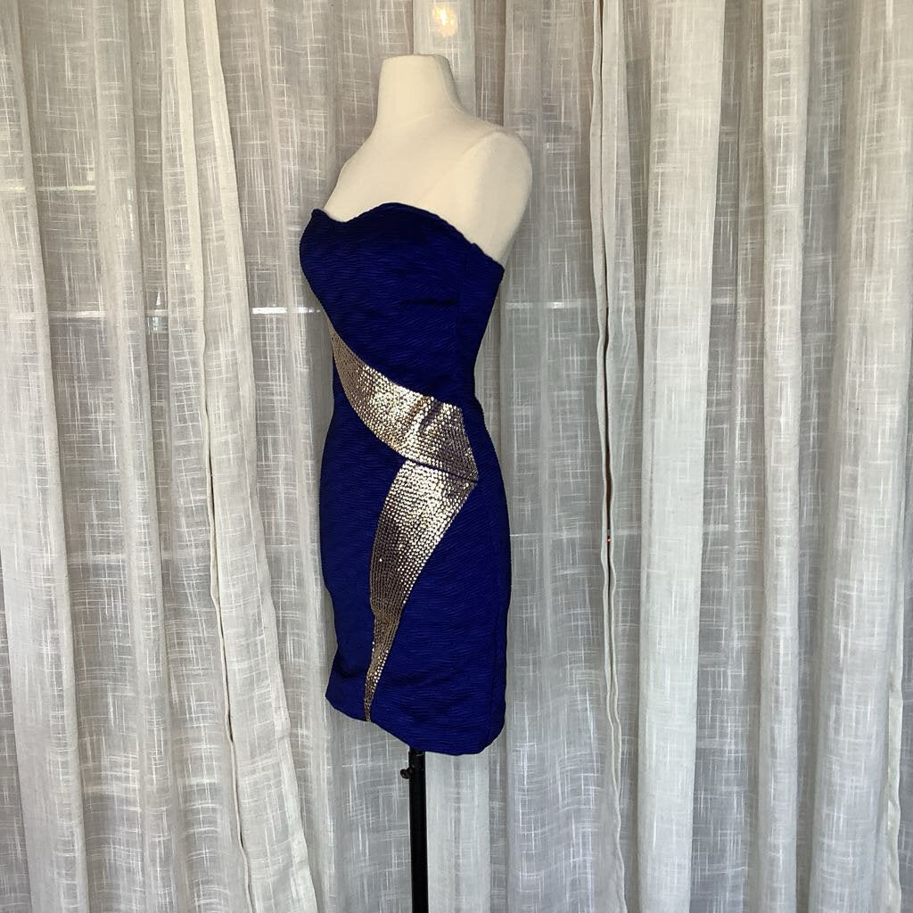 90s Style Navy Blue Gold Sequin Strapless Cocktail Dressess