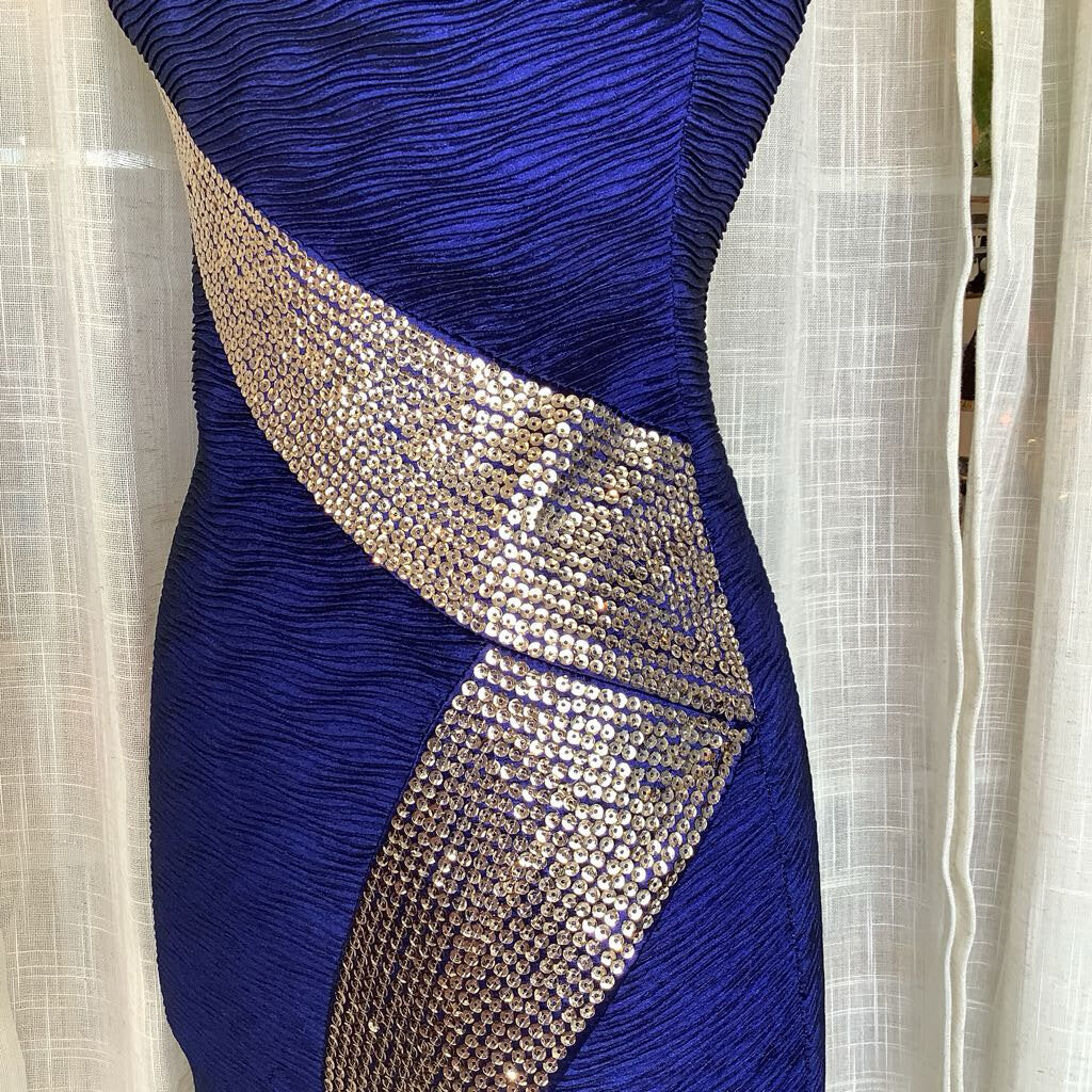 90s Style Navy Blue Gold Sequin Strapless Cocktail Dressess