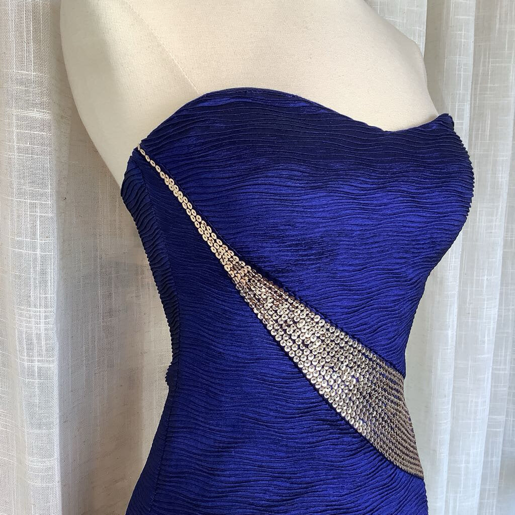 90s Style Navy Blue Gold Sequin Strapless Cocktail Dressess