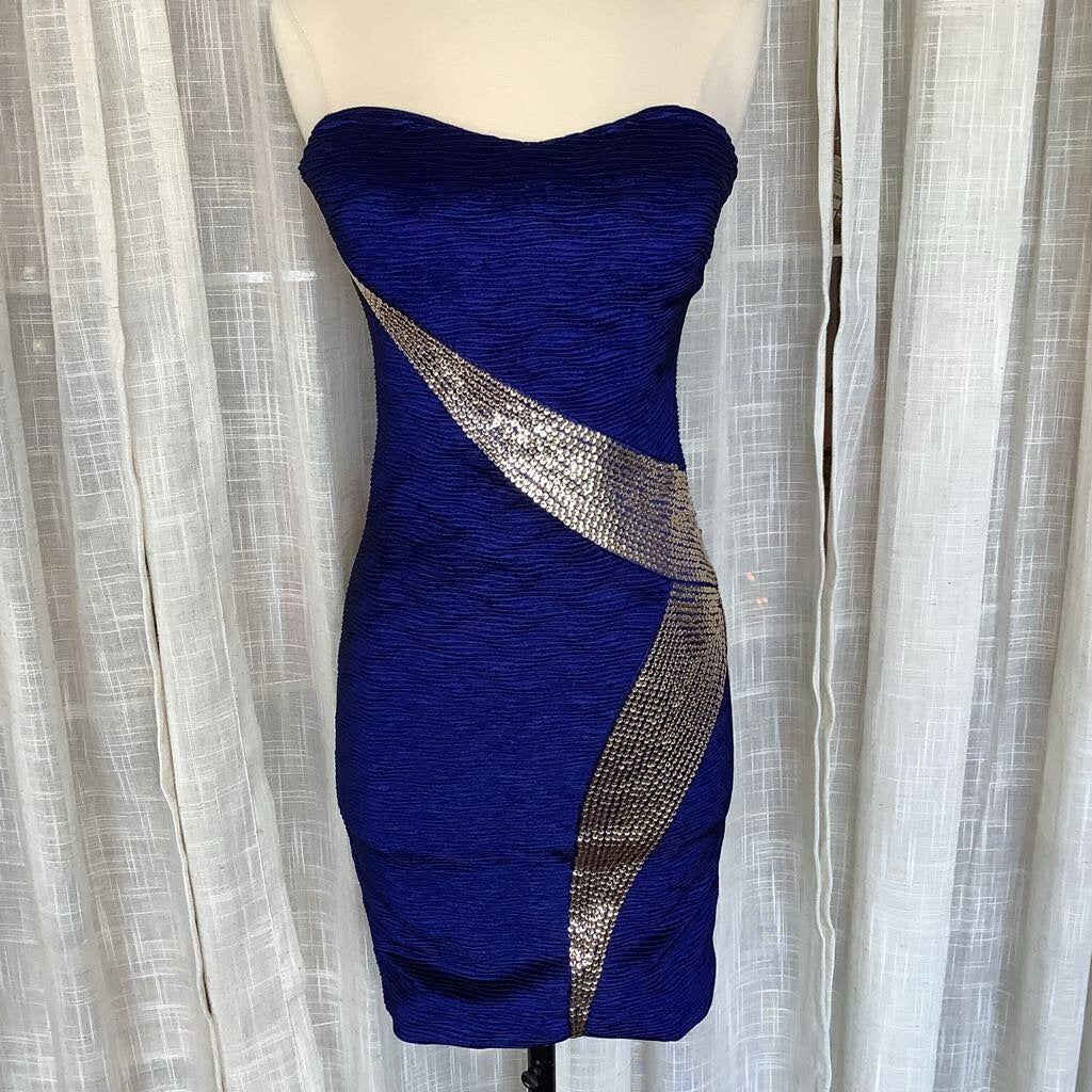 90s Style Navy Blue Gold Sequin Strapless Cocktail Dressess