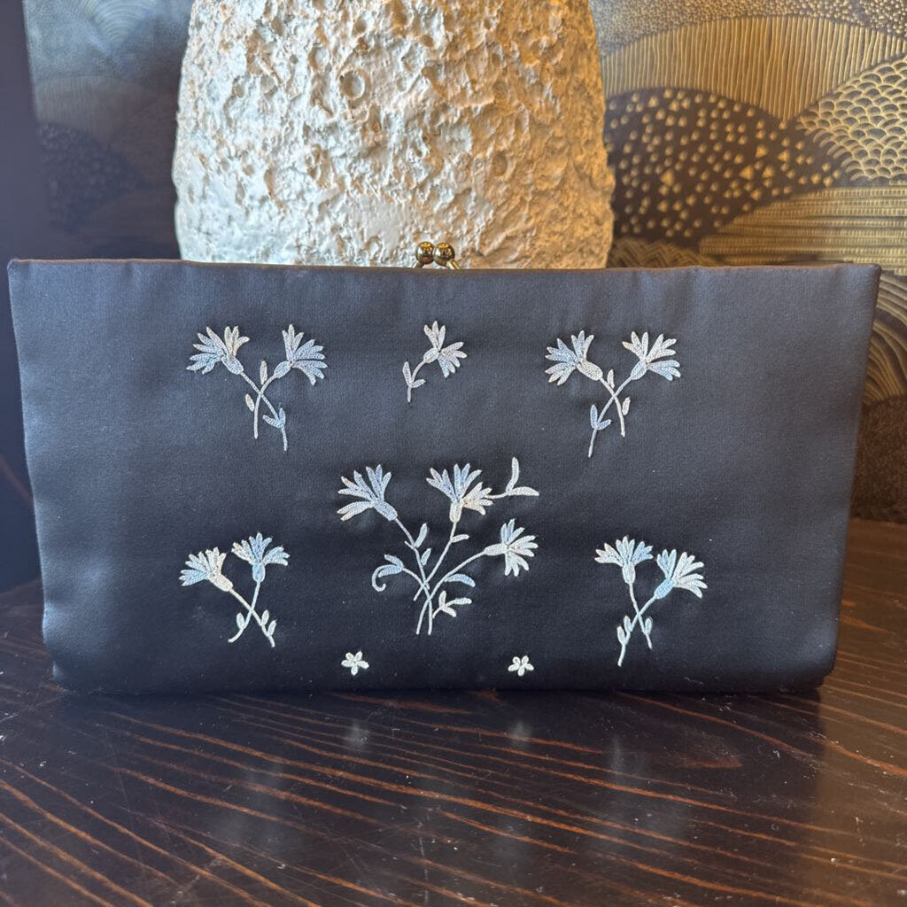 Vintage Black Silk w/ Floral Embroidery Clutch