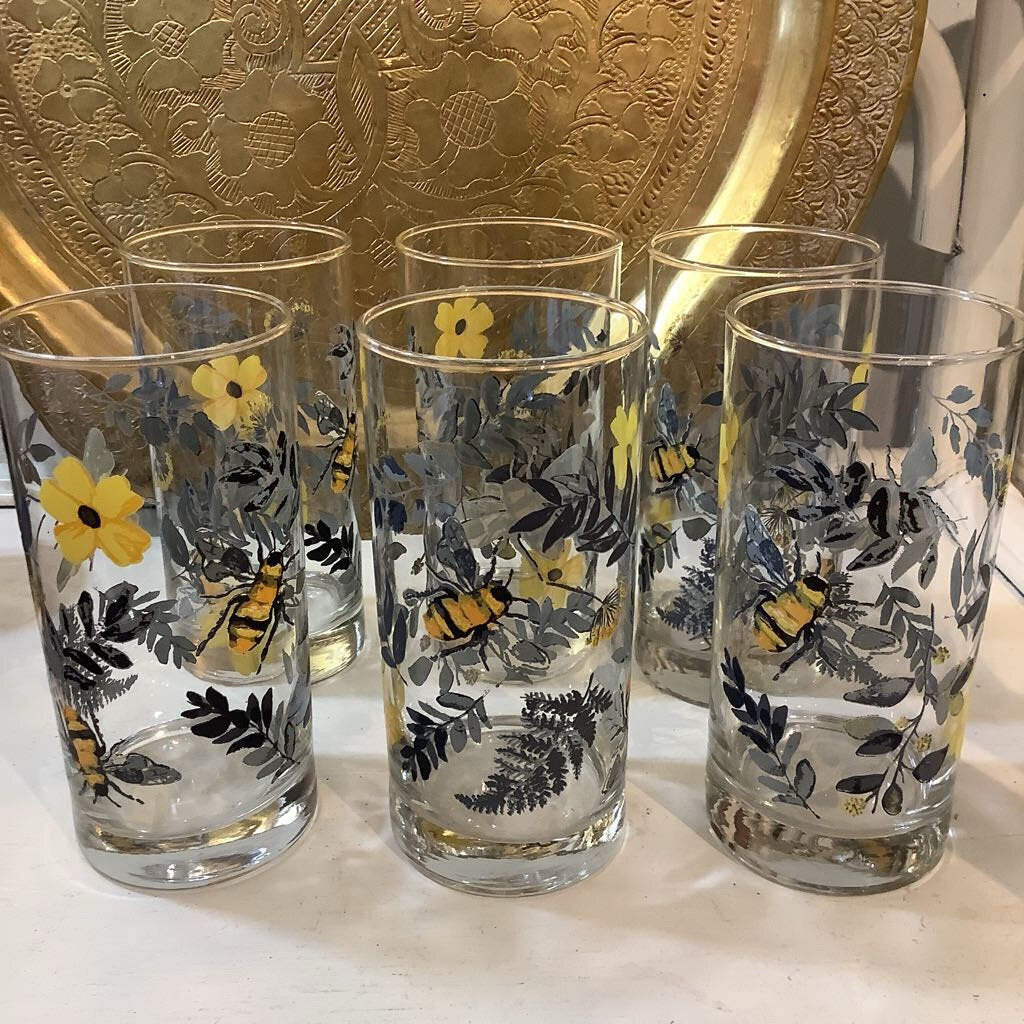 Vintage Royal Norfolk Bumble Bee n Flower Glass Set