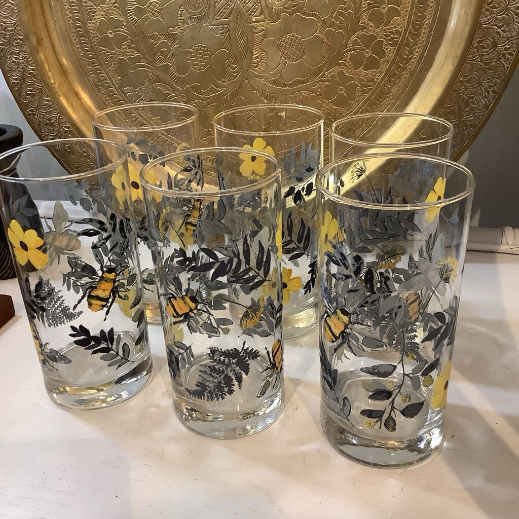 Vintage Royal Norfolk Bumble Bee n Flower Glass Set