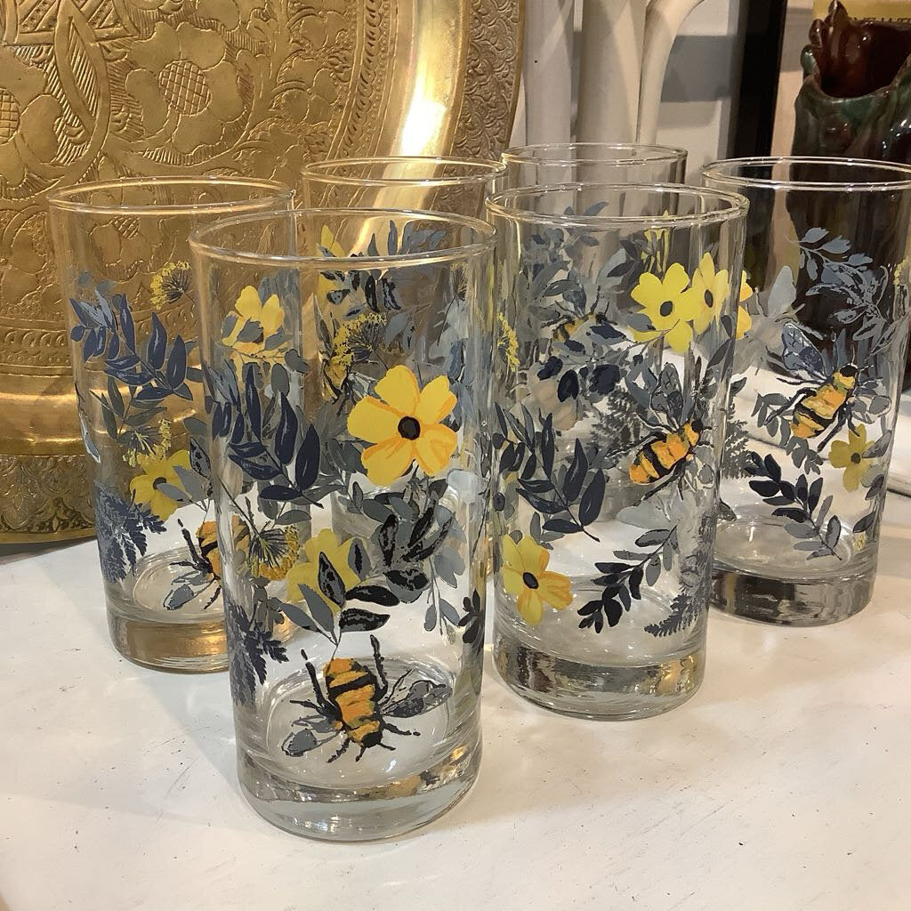 Vintage Royal Norfolk Bumble Bee n Flower Glass Set