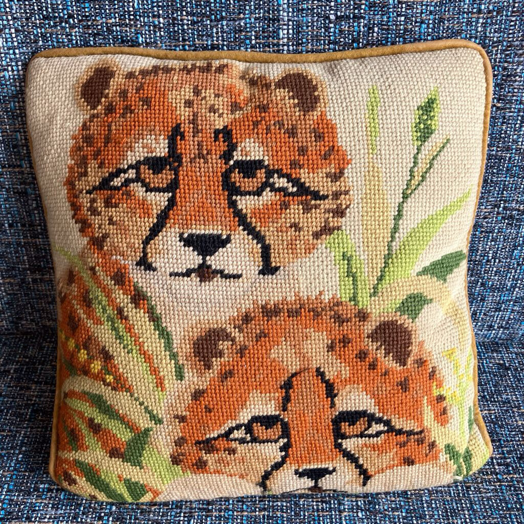 Vintage Baby Cheetahs Wool Needlepoint Pillow