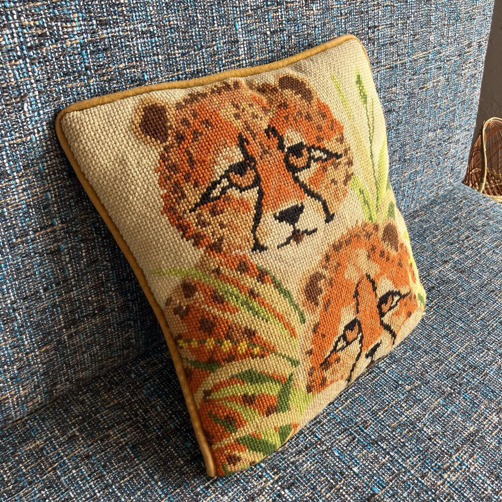 Vintage Baby Cheetahs Wool Needlepoint Pillow