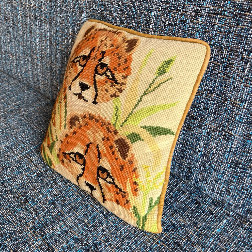 Vintage Baby Cheetahs Wool Needlepoint Pillow