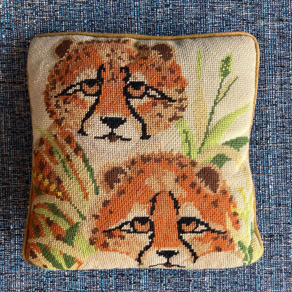 Vintage Baby Cheetahs Wool Needlepoint Pillow