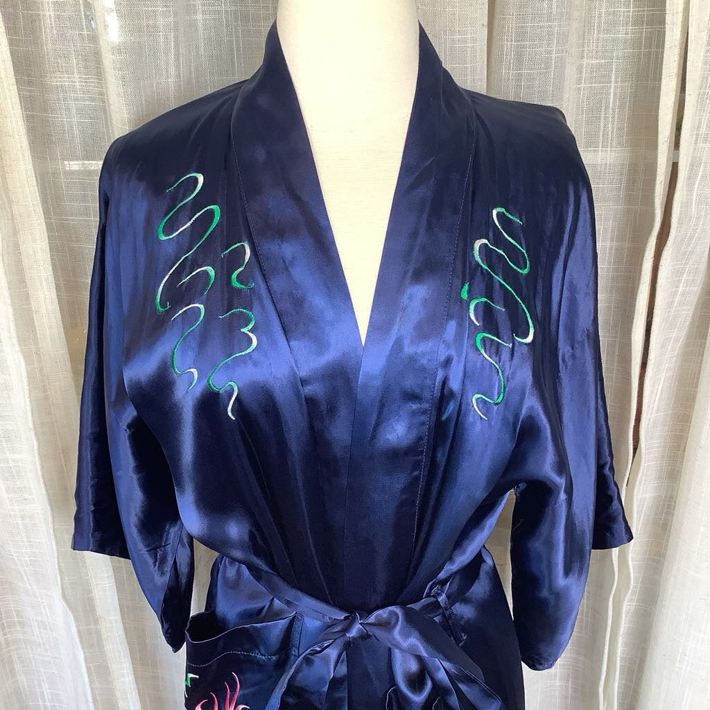 Blue Satin Embroidered Kimono w/ Belt