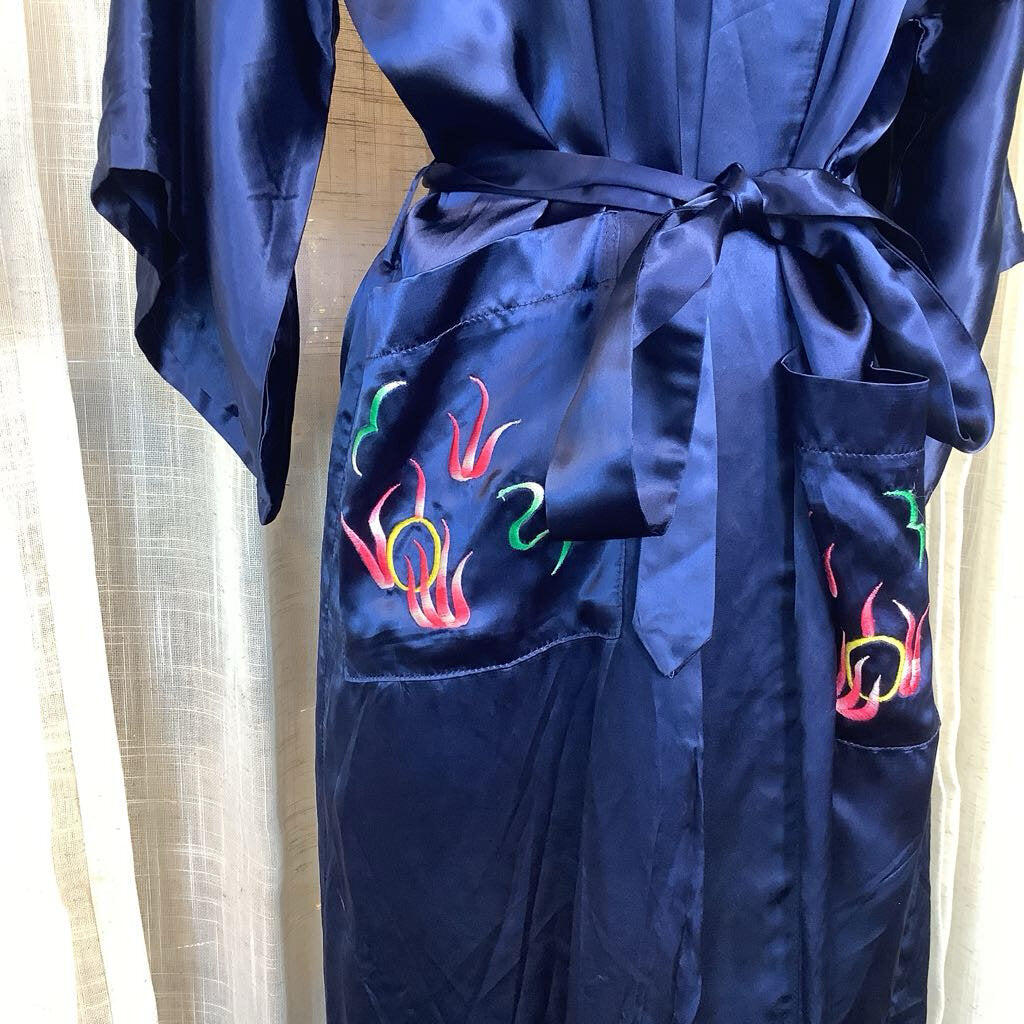 Blue Satin Embroidered Kimono w/ Belt