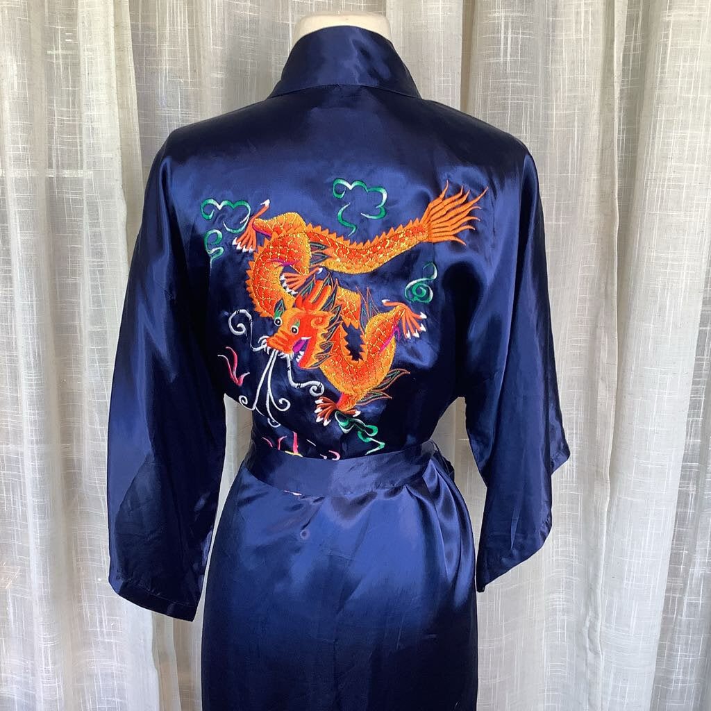 Blue Satin Embroidered Kimono w/ Belt