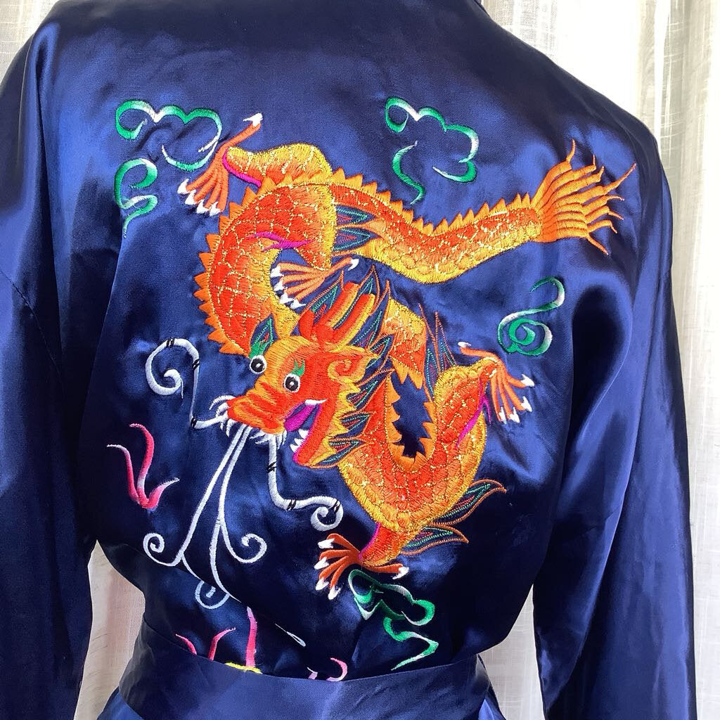 Blue Satin Embroidered Kimono w/ Belt