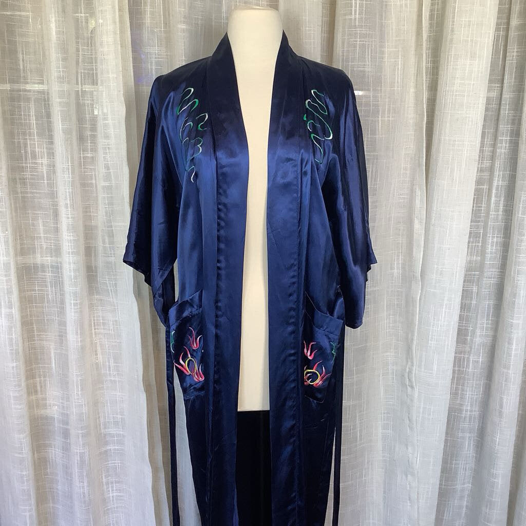 Blue Satin Embroidered Kimono w/ Belt