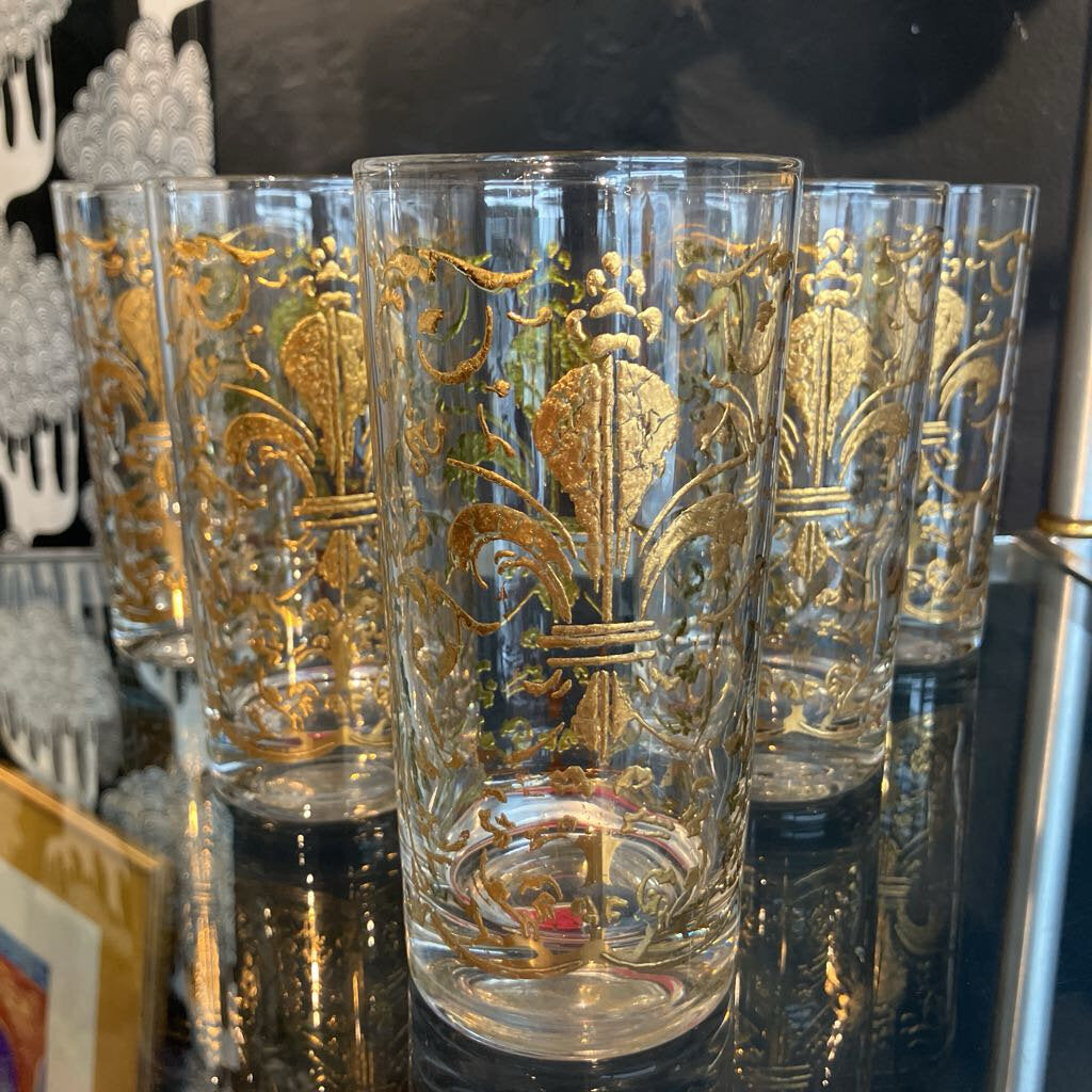 Mid-Century Gold Fleur de Lis Highball Glasses Set of 5