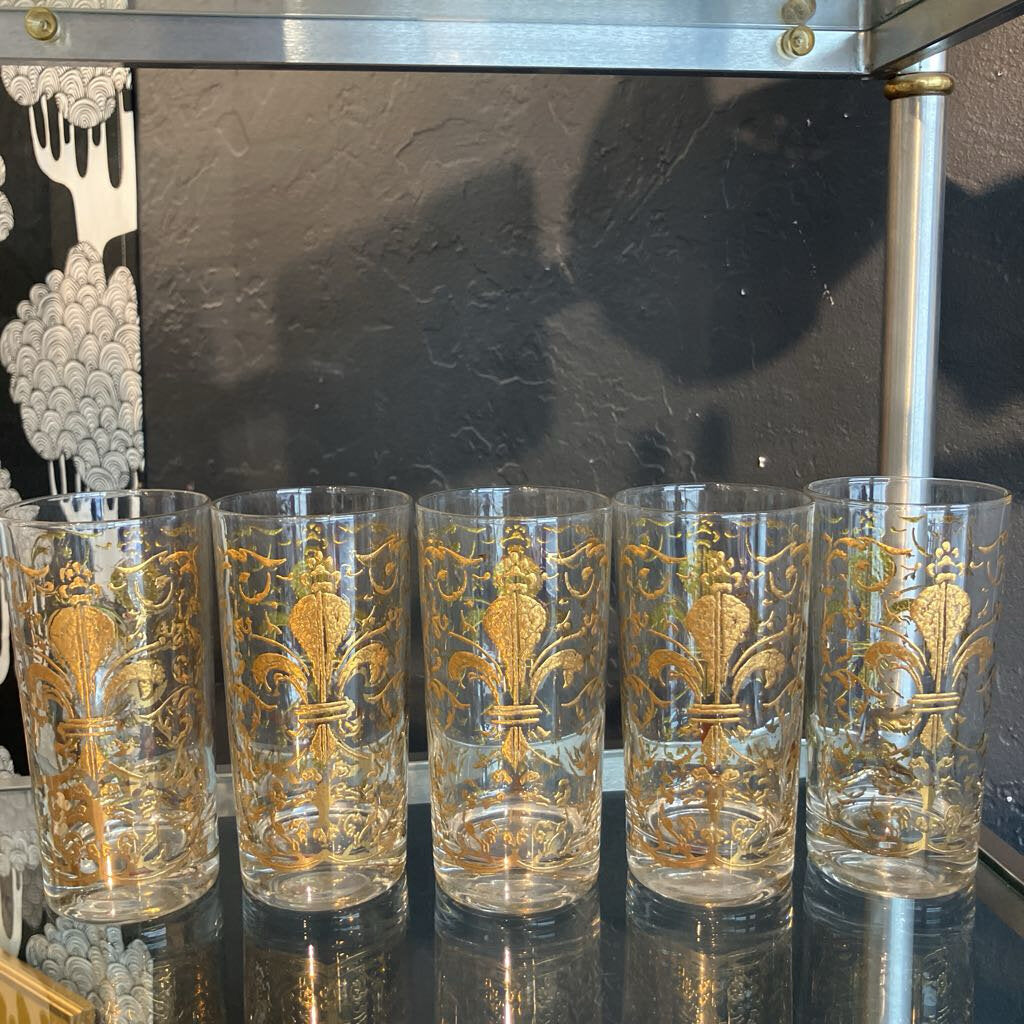 Mid-Century Gold Fleur de Lis Highball Glasses Set of 5