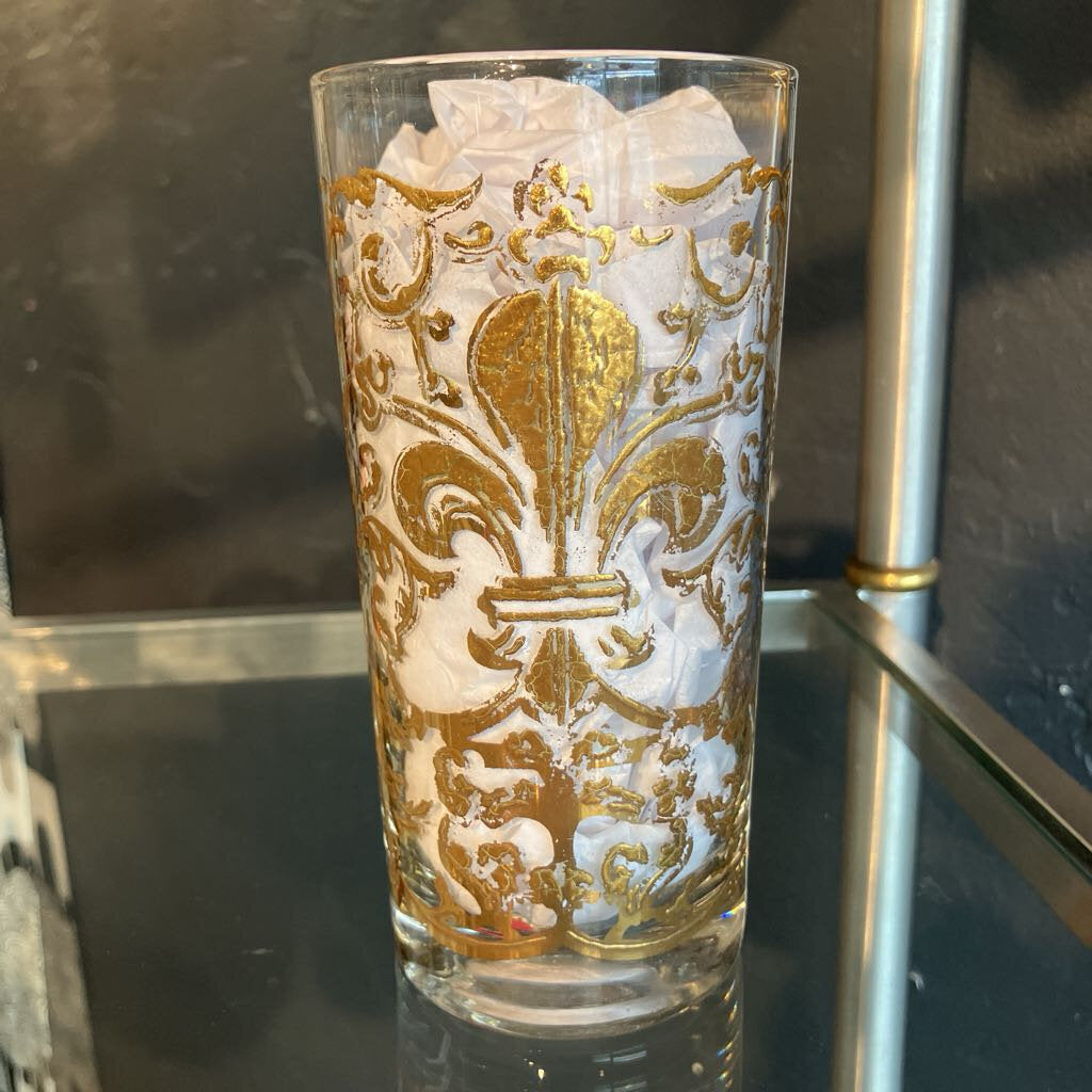 Mid-Century Gold Fleur de Lis Highball Glasses Set of 5