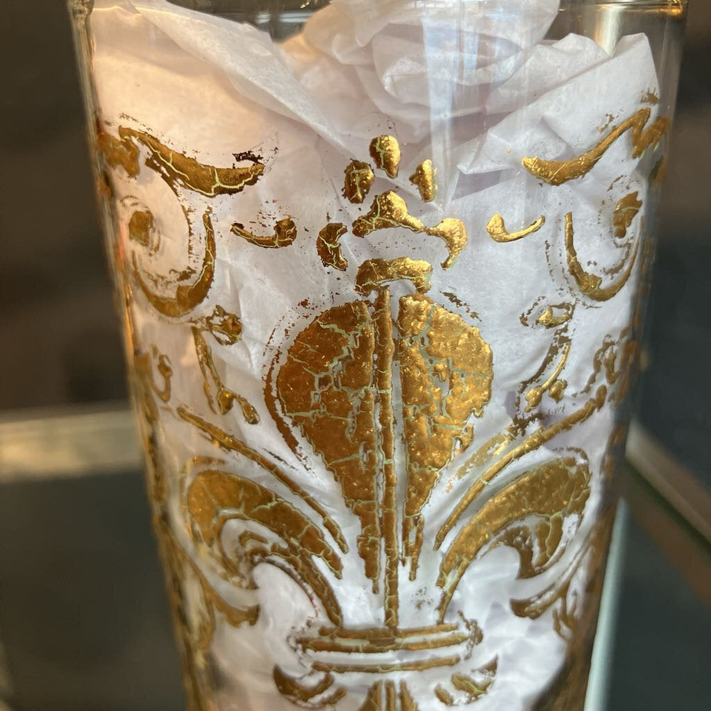 Mid-Century Gold Fleur de Lis Highball Glasses Set of 5