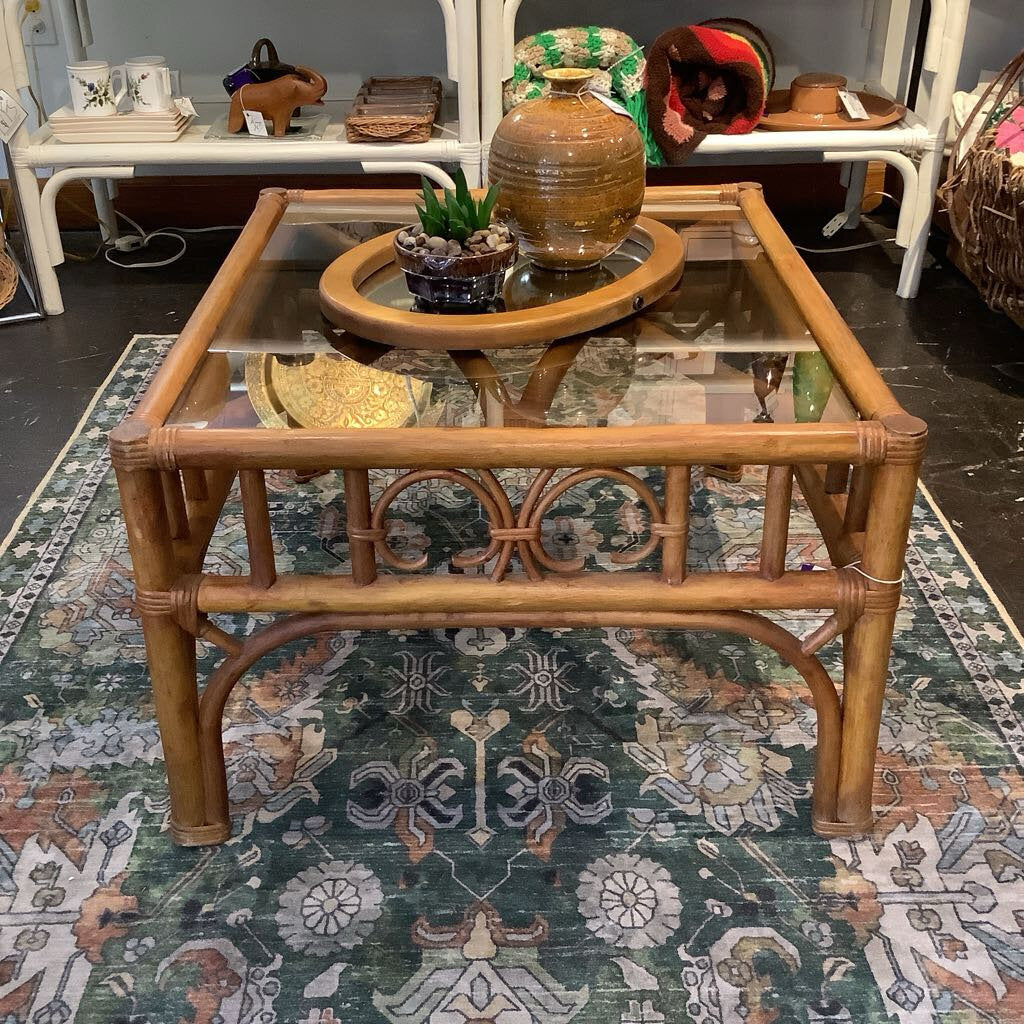 Vintage Rattan Glass Top Table