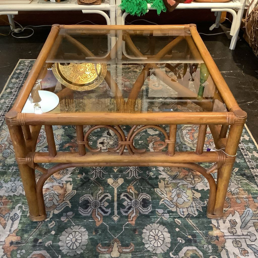 Vintage Rattan Glass Top Table