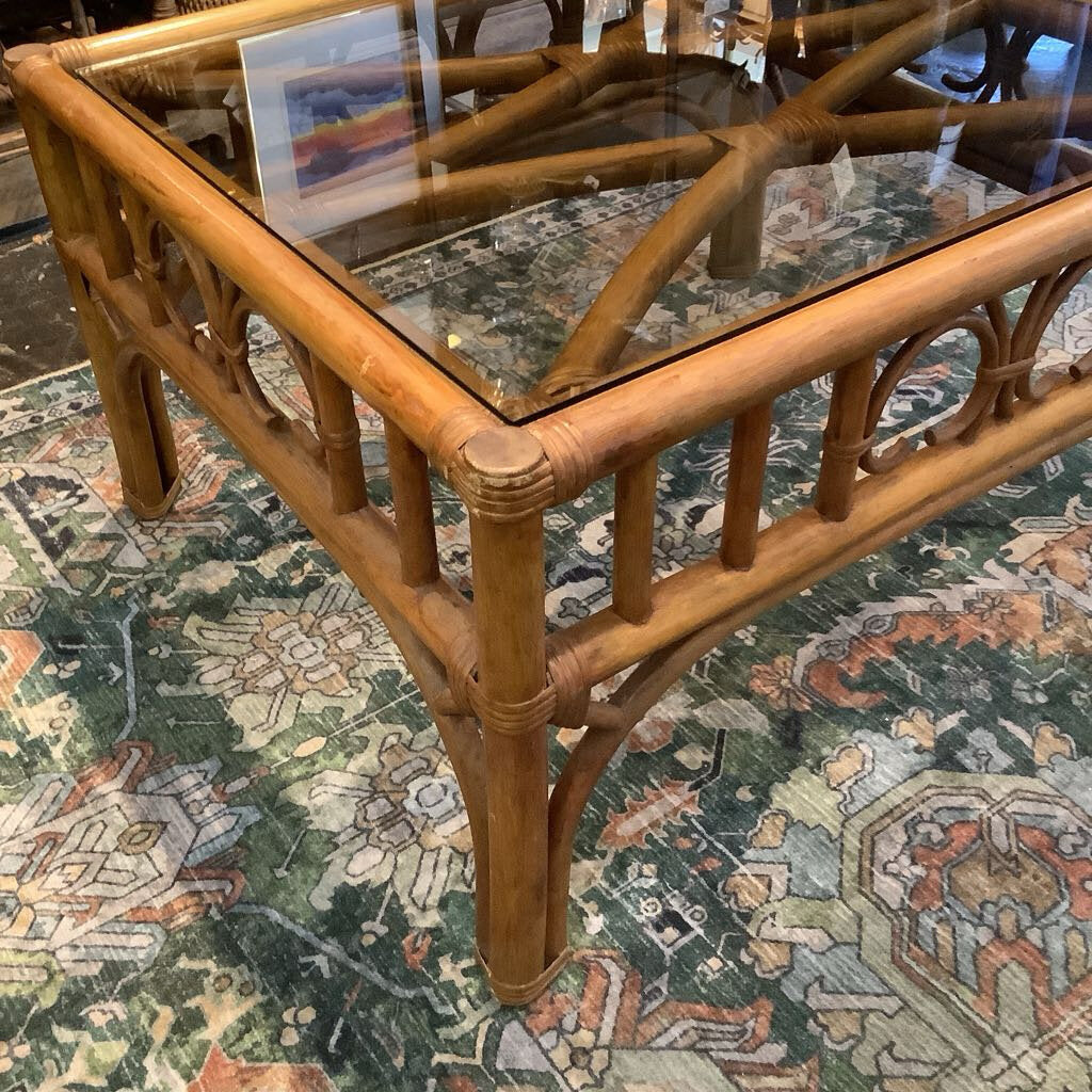 Vintage Rattan Glass Top Table