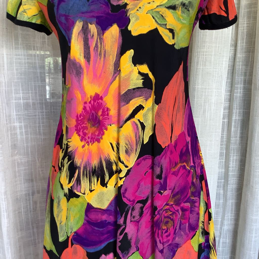 1990s Black Floral Mini Dress